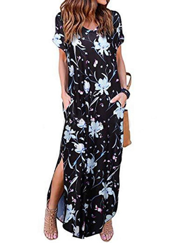 Floral Print Short Sleeve O-Neck Side Pockets Dress