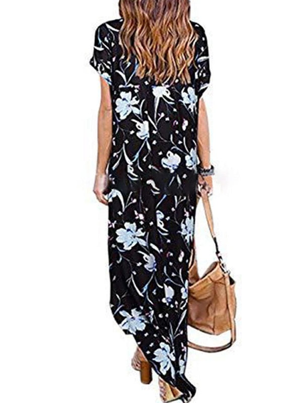 Floral Print Short Sleeve O-Neck Side Pockets Dress