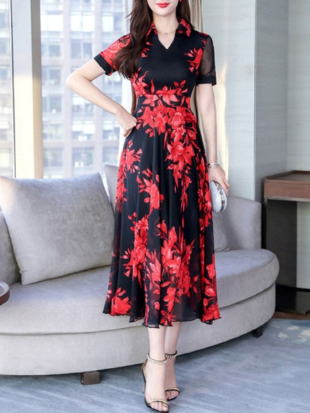 Floral Print Short Sleeves Maxi Dress
