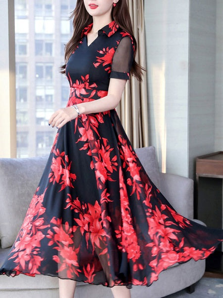 Floral Print Short Sleeves Maxi Dress