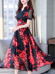 Floral Print Short Sleeves Maxi Dress