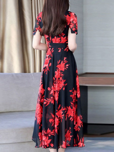 Floral Print Short Sleeves Maxi Dress