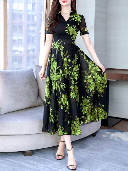 Floral Print Short Sleeves Maxi Dress