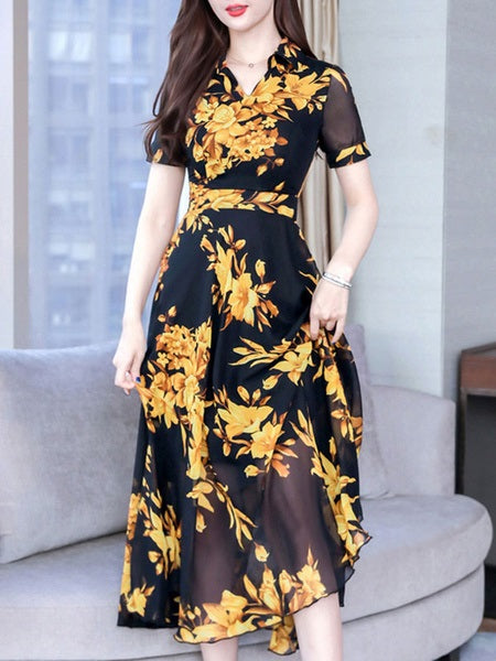 Floral Print Short Sleeves Maxi Dress