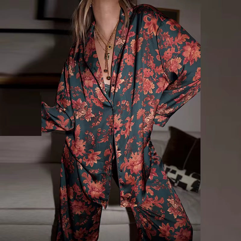 Floral Print Single Breasted Loose Lapel Shirts And Long Pant Two Piece Set