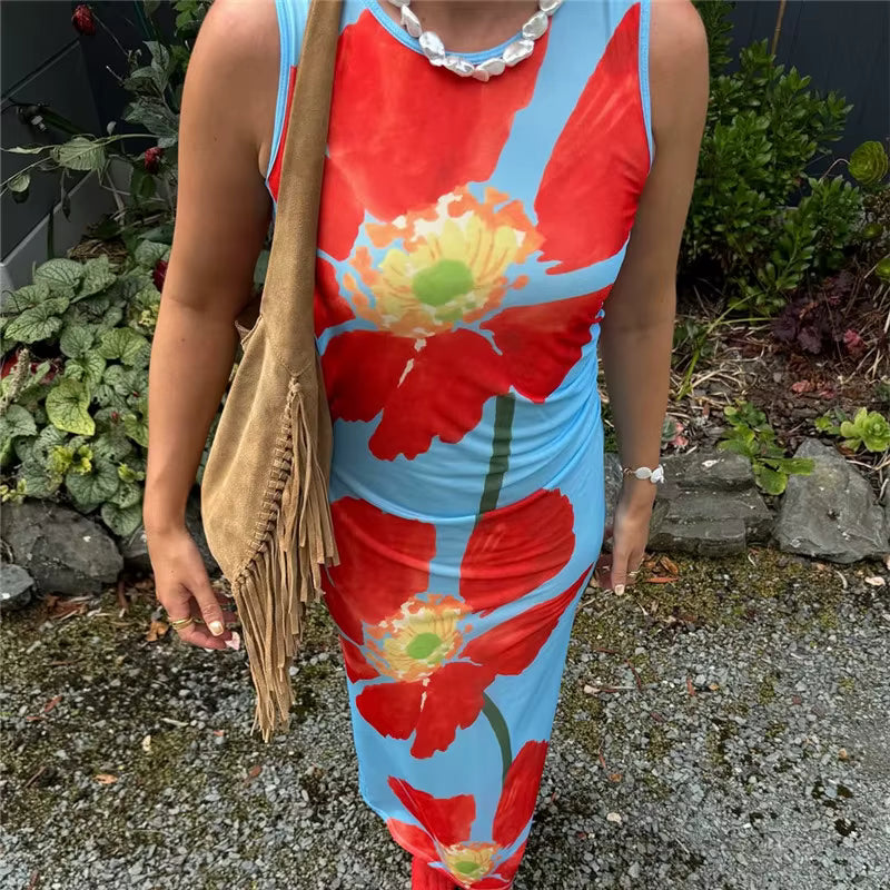 Floral Print Sleeveless Backless Bodycon Beach Style Ankle-Length Maxi Dress