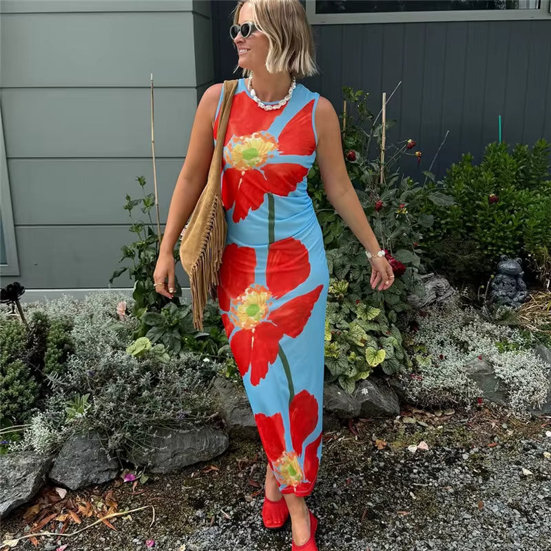 Floral Print Sleeveless Backless Bodycon Beach Style Ankle-Length Maxi Dress