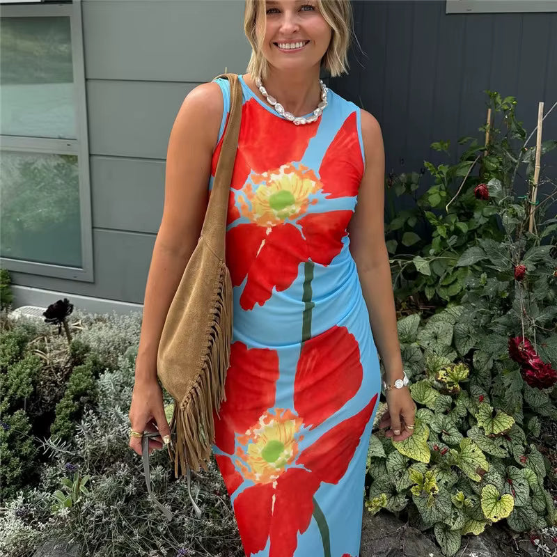 Floral Print Sleeveless Backless Bodycon Beach Style Ankle-Length Maxi Dress