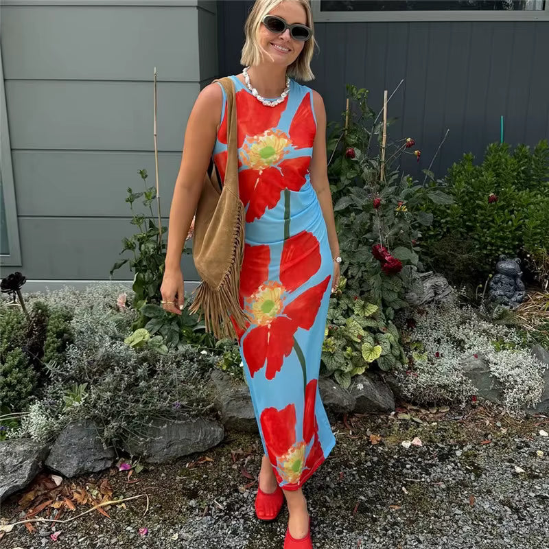 Floral Print Sleeveless Backless Bodycon Beach Style Ankle-Length Maxi Dress