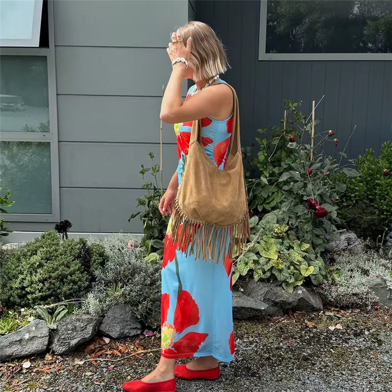 Floral Print Sleeveless Backless Bodycon Beach Style Ankle-Length Maxi Dress