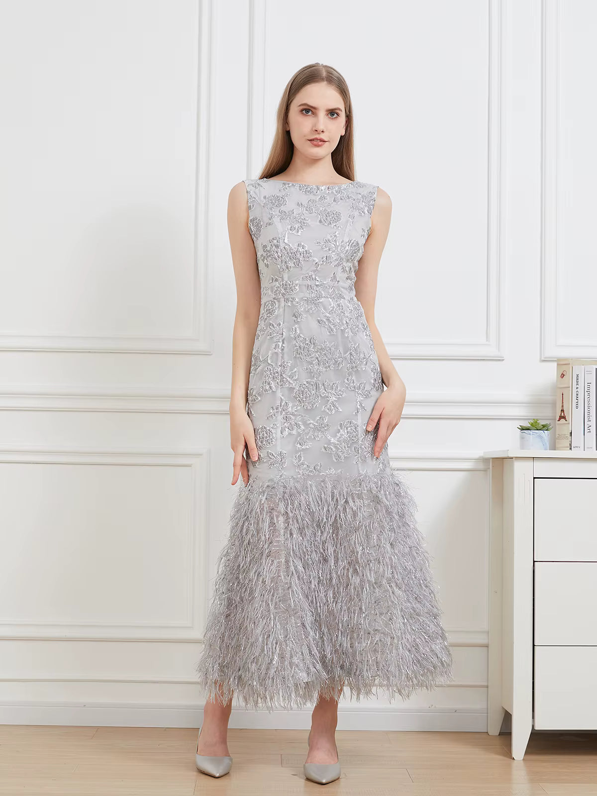 Floral Print Sleeveless Feathers Robe Vestido Fishtail Long Bodycon Dress
