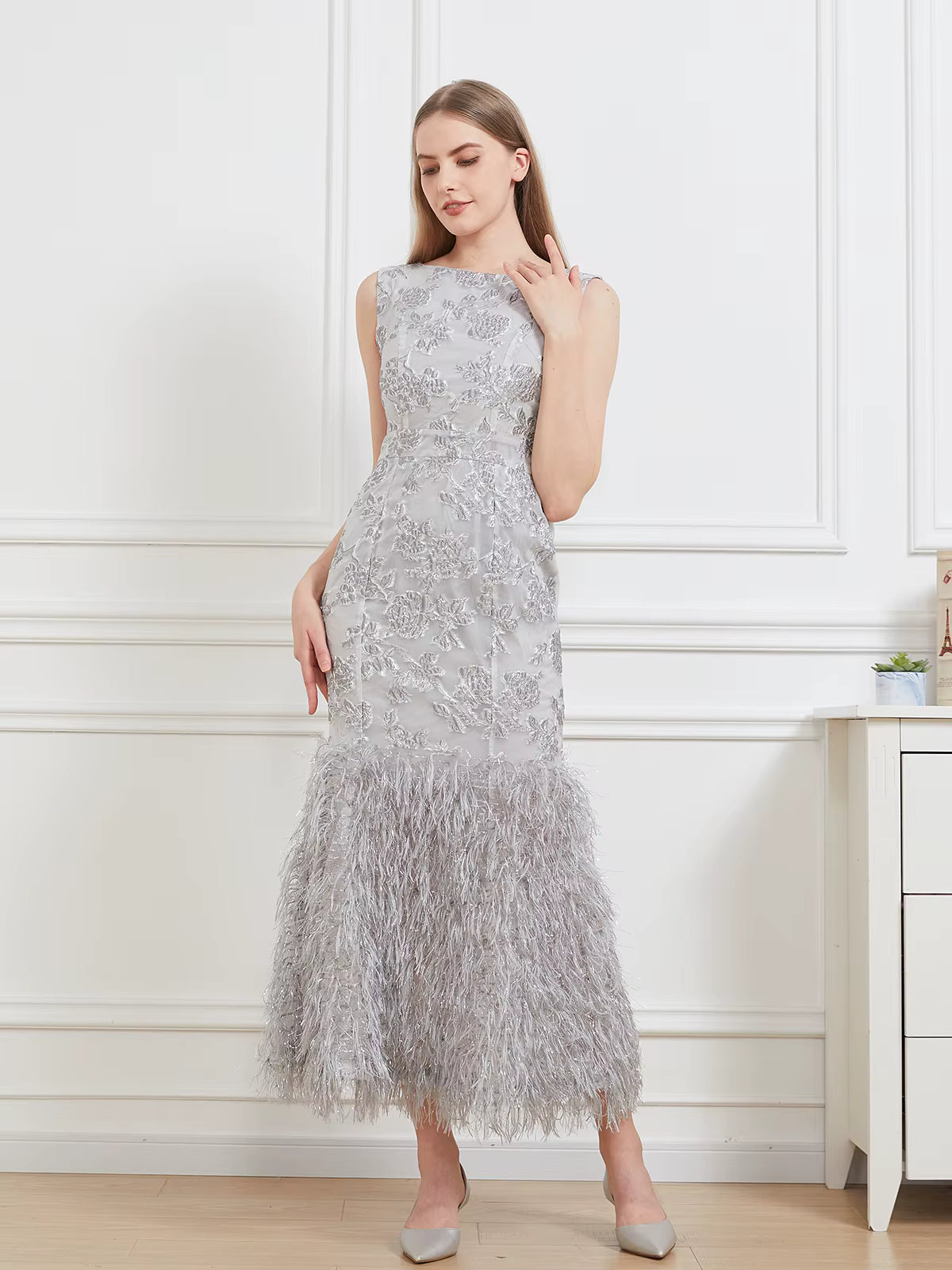 Floral Print Sleeveless Feathers Robe Vestido Fishtail Long Bodycon Dress