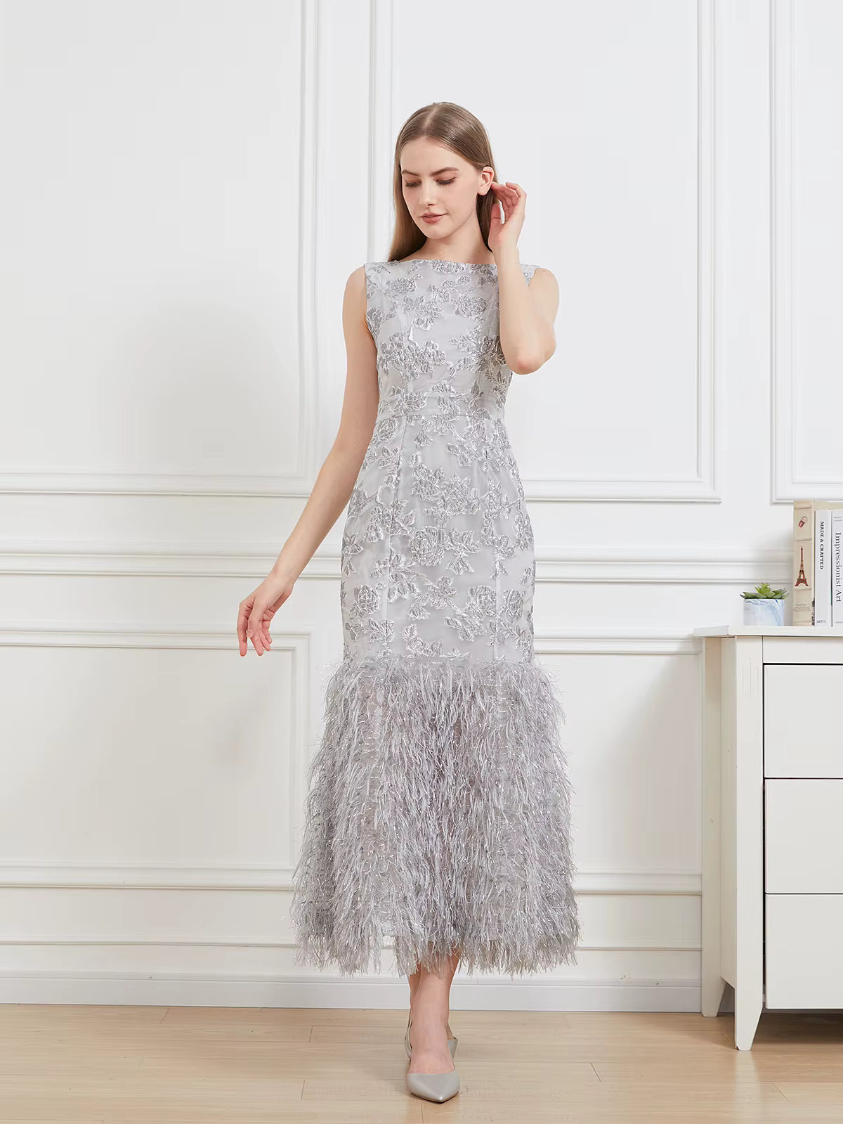 Floral Print Sleeveless Feathers Robe Vestido Fishtail Long Bodycon Dress