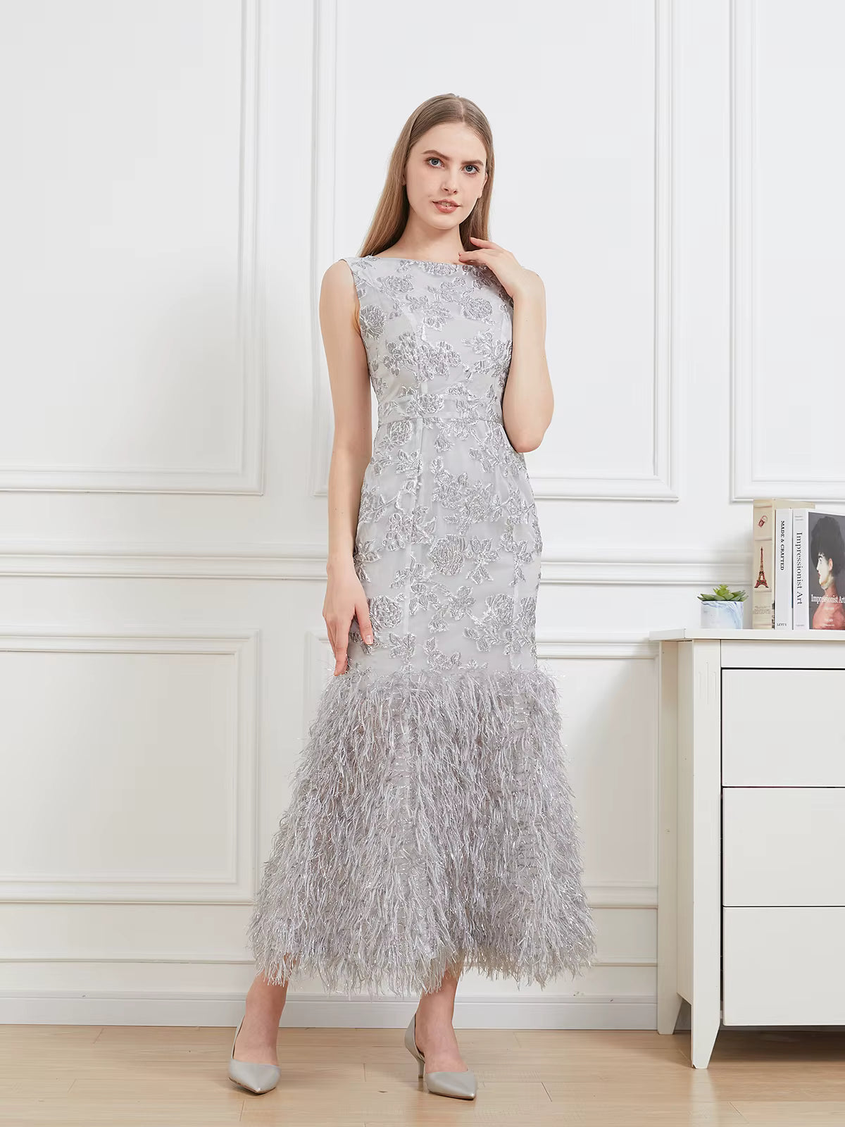 Floral Print Sleeveless Feathers Robe Vestido Fishtail Long Bodycon Dress