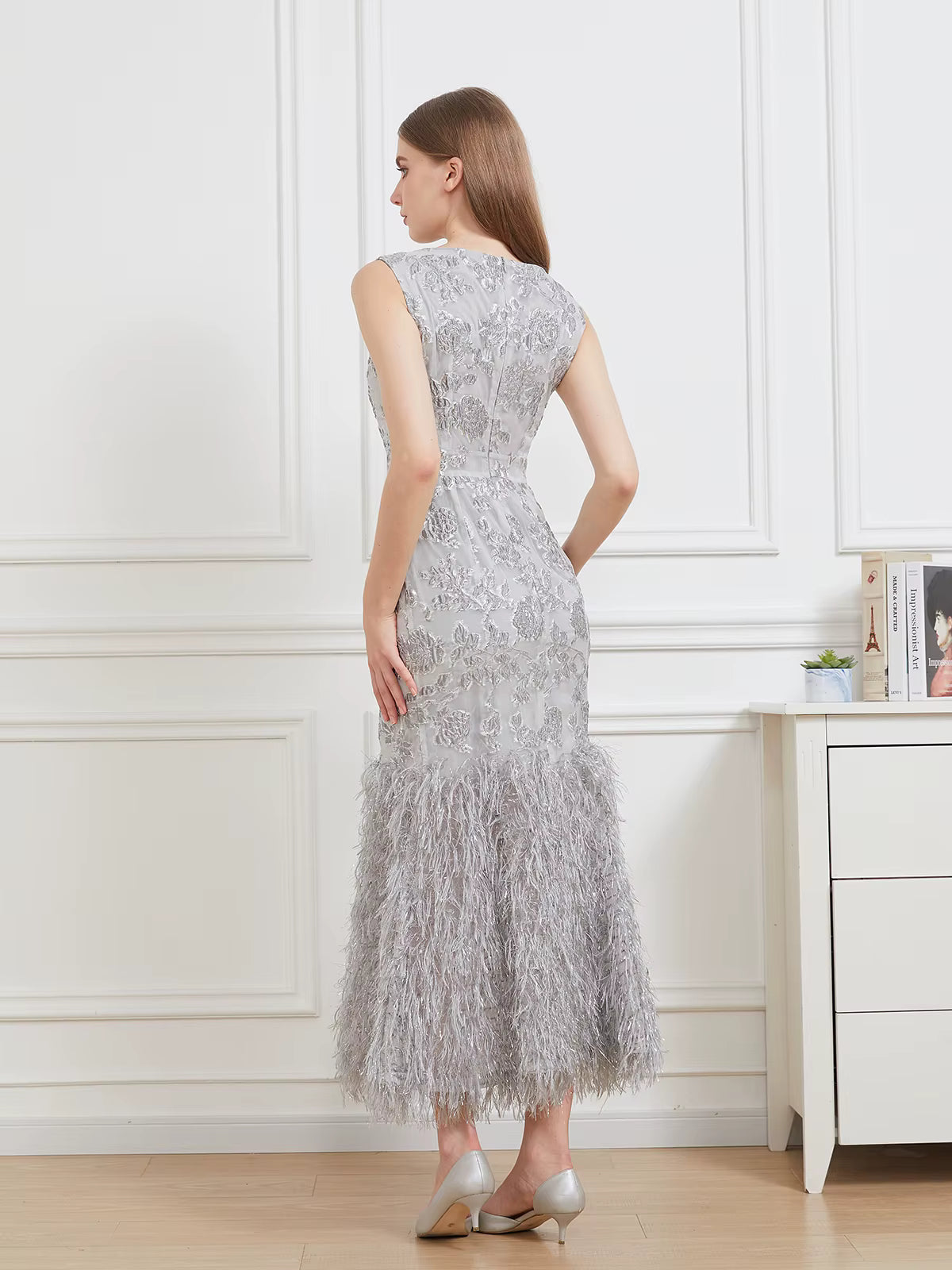Floral Print Sleeveless Feathers Robe Vestido Fishtail Long Bodycon Dress