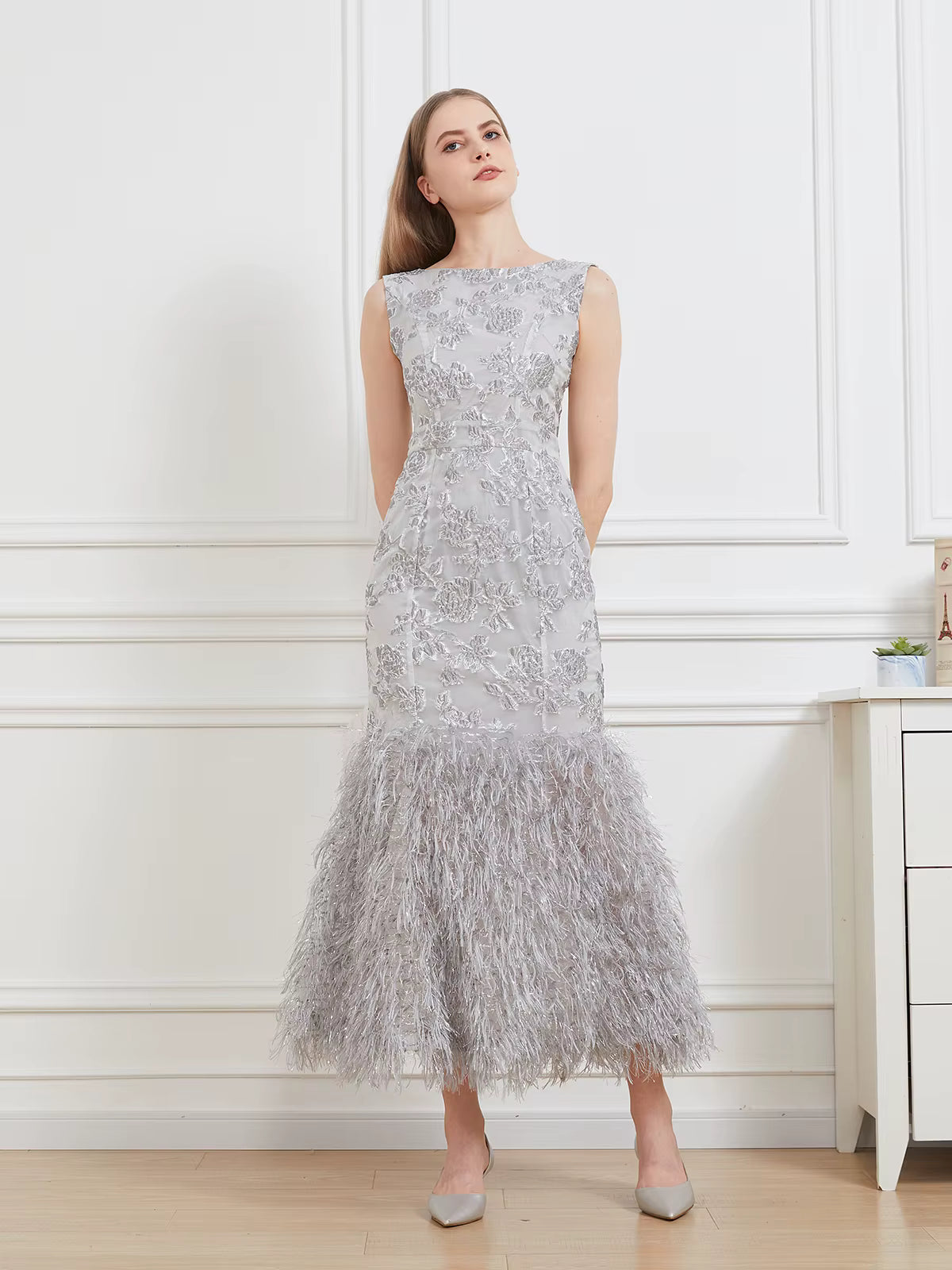 Floral Print Sleeveless Feathers Robe Vestido Fishtail Long Bodycon Dress