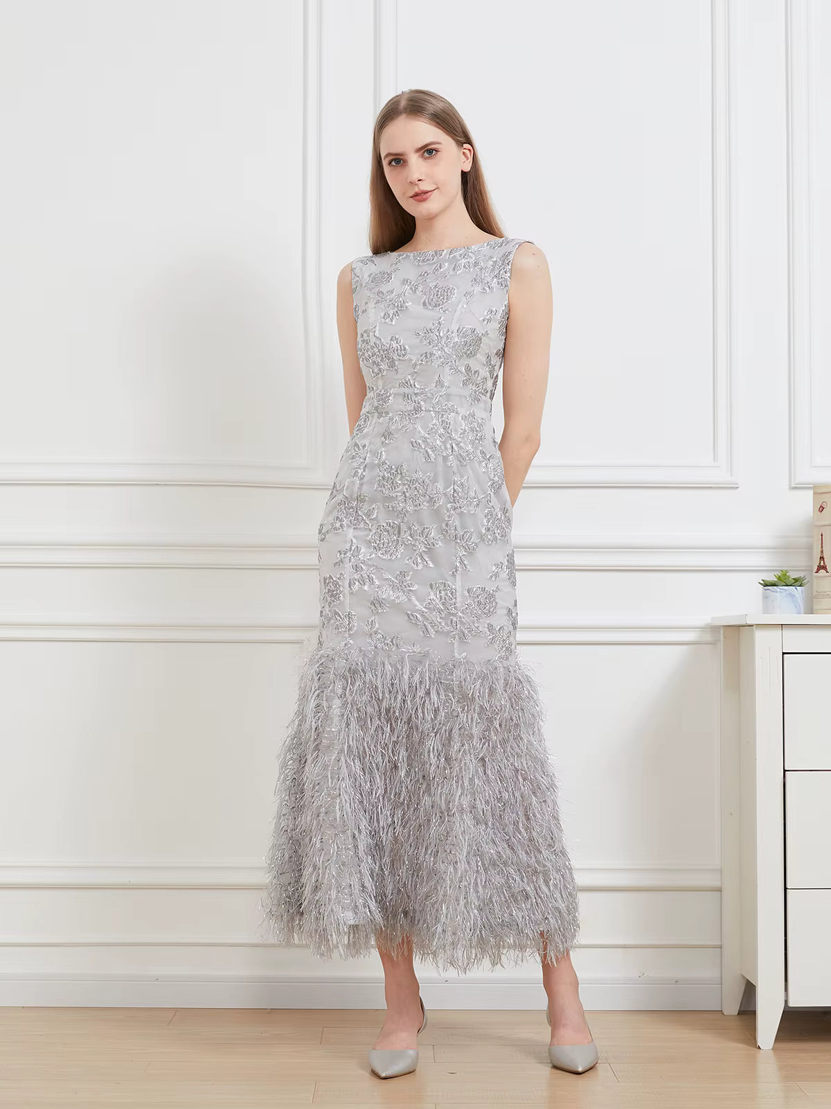 Floral Print Sleeveless Feathers Robe Vestido Fishtail Long Bodycon Dress