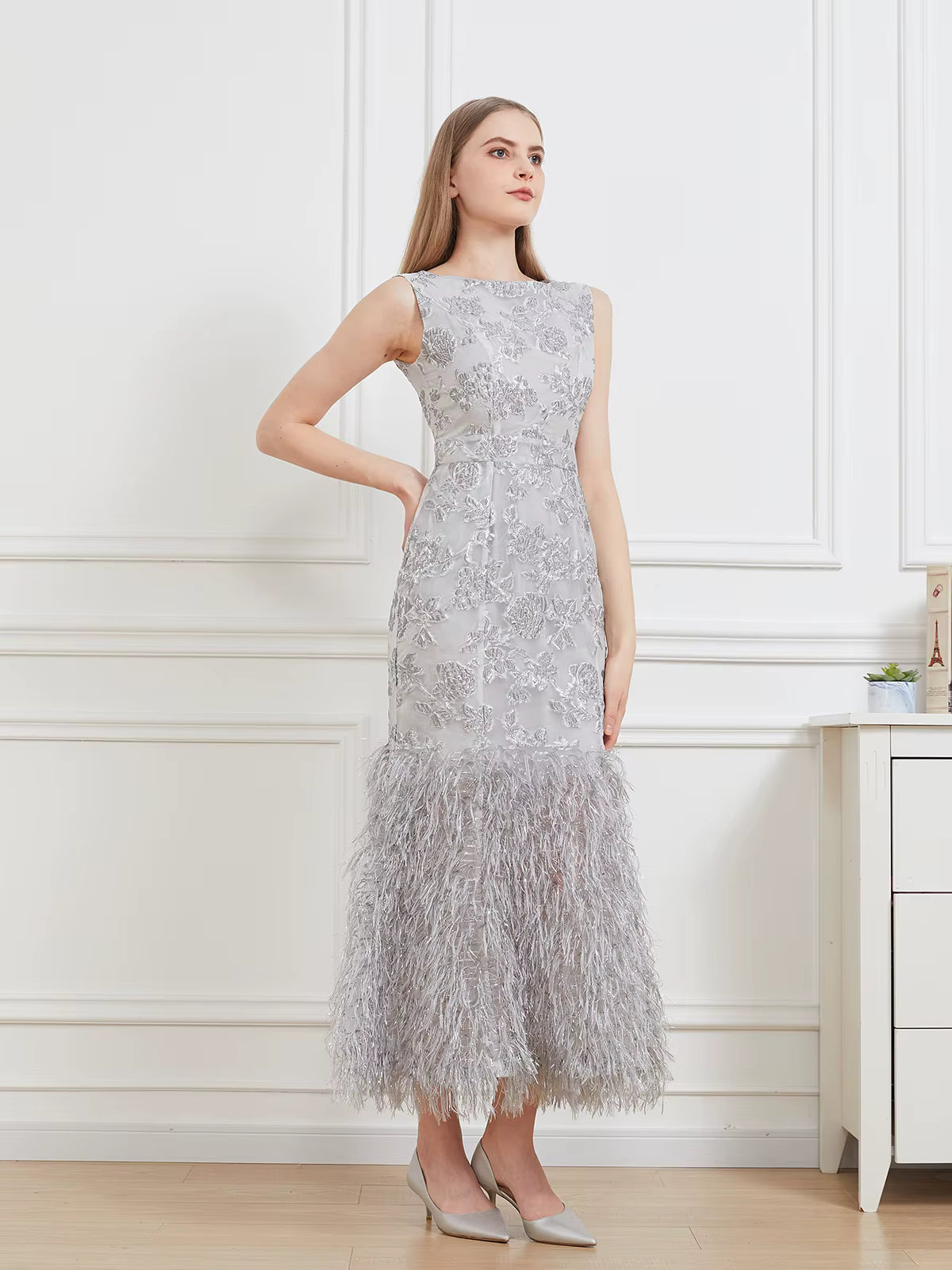 Floral Print Sleeveless Feathers Robe Vestido Fishtail Long Bodycon Dress