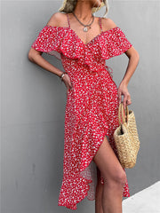 Floral Print Sling Elegant Spaghetti Irregular Ruffle Hem Slit Dress