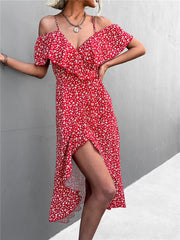Floral Print Sling Elegant Spaghetti Irregular Ruffle Hem Slit Dress