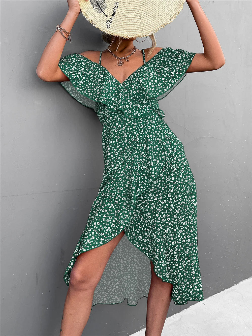 Floral Print Sling Elegant Spaghetti Irregular Ruffle Hem Slit Dress