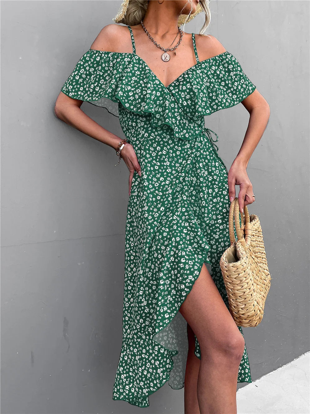Floral Print Sling Elegant Spaghetti Irregular Ruffle Hem Slit Dress