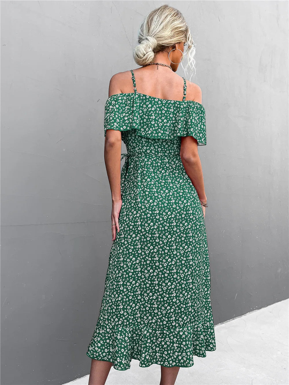Floral Print Sling Elegant Spaghetti Irregular Ruffle Hem Slit Dress