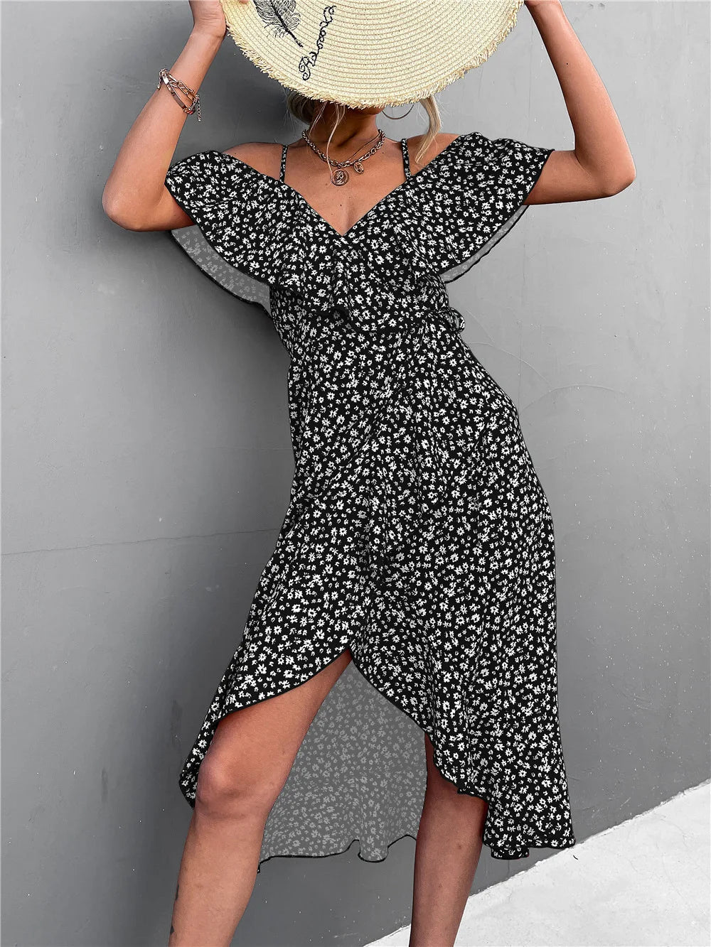 Floral Print Sling Elegant Spaghetti Irregular Ruffle Hem Slit Dress