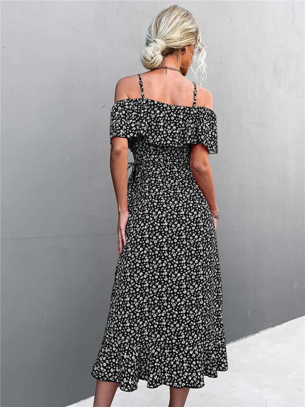 Floral Print Sling Elegant Spaghetti Irregular Ruffle Hem Slit Dress