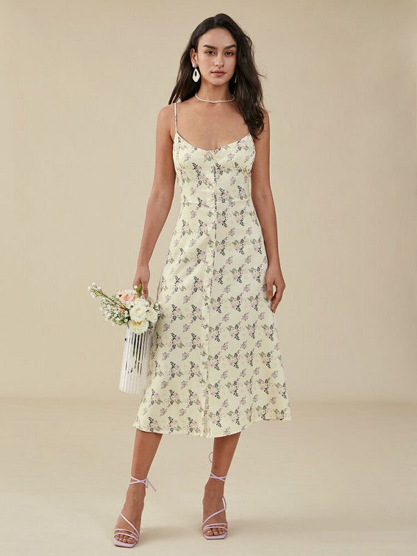 Floral Print Slit Backless Strap Midi Dress