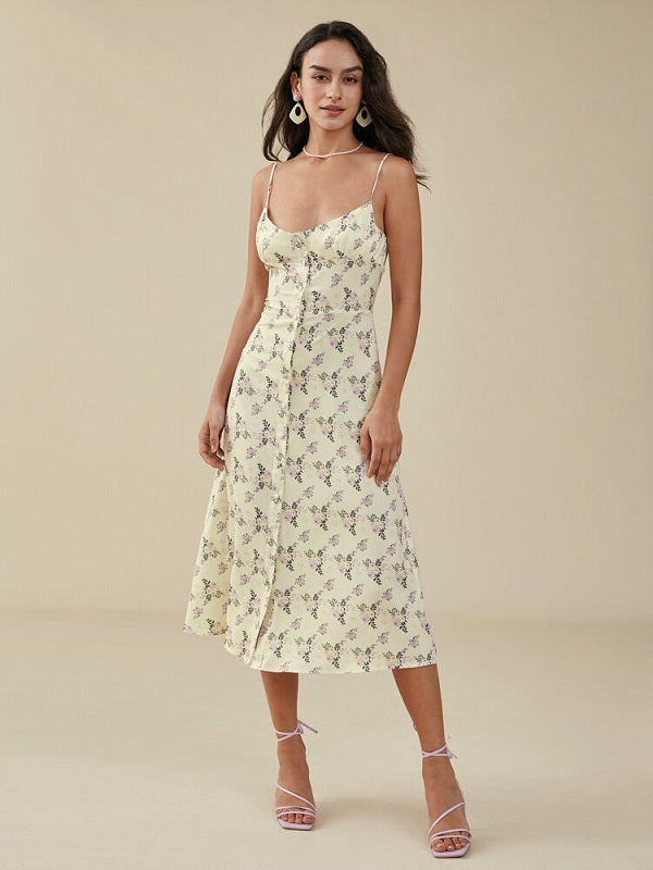 Floral Print Slit Backless Strap Midi Dress