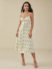 Floral Print Slit Backless Strap Midi Dress