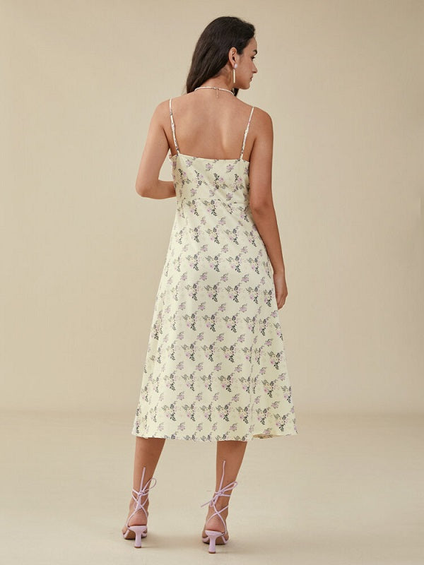Floral Print Slit Backless Strap Midi Dress