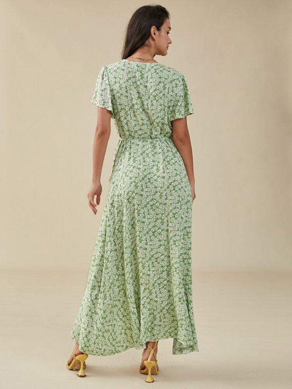 Floral Print Slit Knotted Short Sleeve Big Swing Maxi Dress