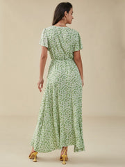 Floral Print Slit Knotted Short Sleeve Big Swing Maxi Dress