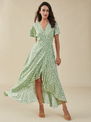 Floral Print Slit Knotted Short Sleeve Big Swing Maxi Dress