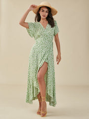 Floral Print Slit Knotted Short Sleeve Big Swing Maxi Dress