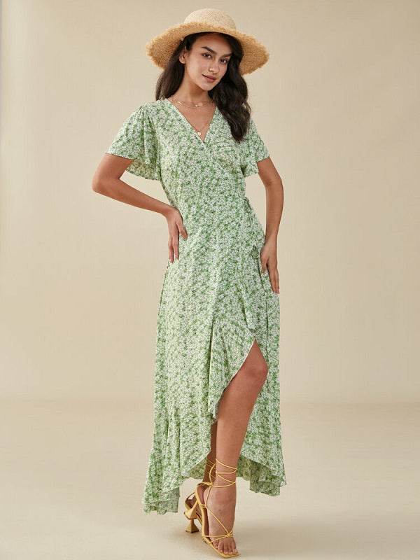 Floral Print Slit Knotted Short Sleeve Big Swing Maxi Dress