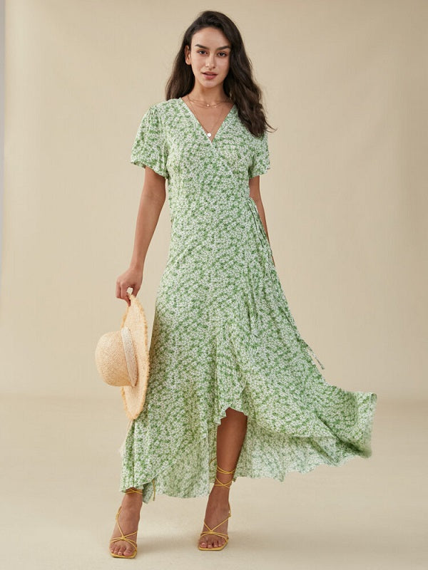 Floral Print Slit Knotted Short Sleeve Big Swing Maxi Dress