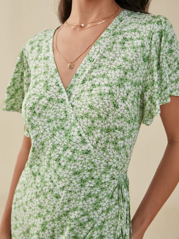 Floral Print Slit Knotted Short Sleeve Big Swing Maxi Dress