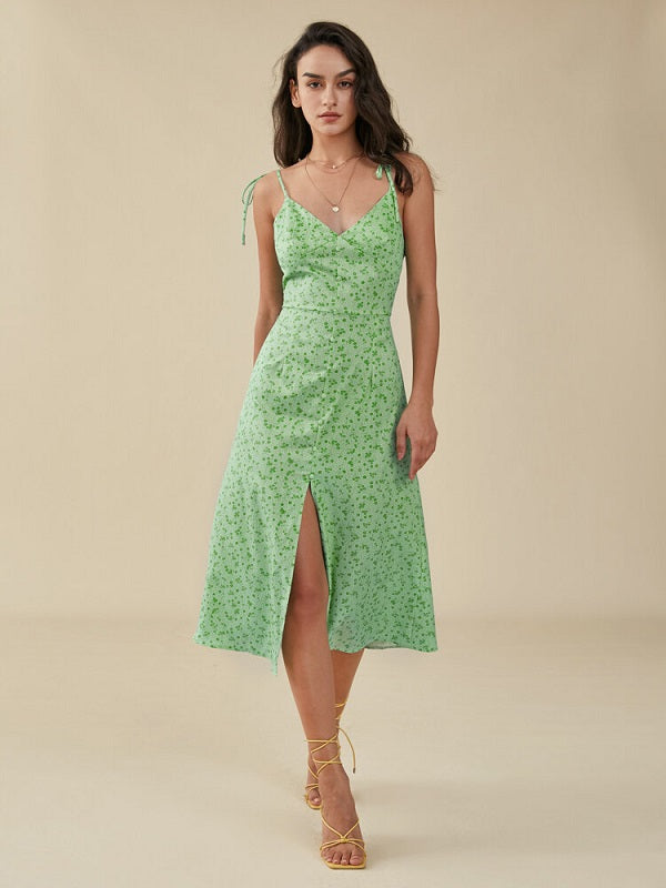 Floral Print Slit Knotted Strap Open Back Zipper Dress