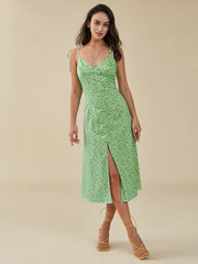 Floral Print Slit Knotted Strap Open Back Zipper Dress