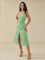 Floral Print Slit Knotted Strap Open Back Zipper Dress