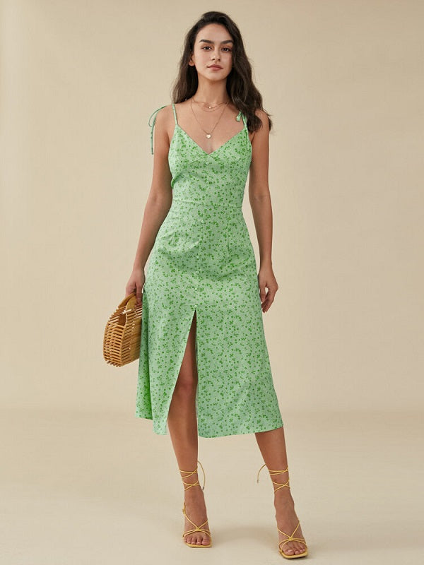 Floral Print Slit Knotted Strap Open Back Zipper Dress