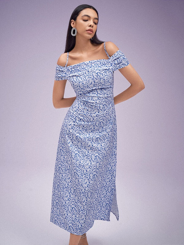 Floral Print Slit Off Shoulder Short Sleeve Dress