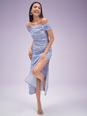 Floral Print Slit Off Shoulder Short Sleeve Dress