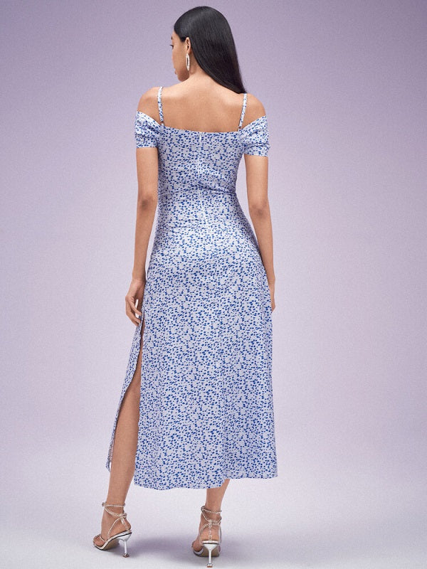 Floral Print Slit Off Shoulder Short Sleeve Dress