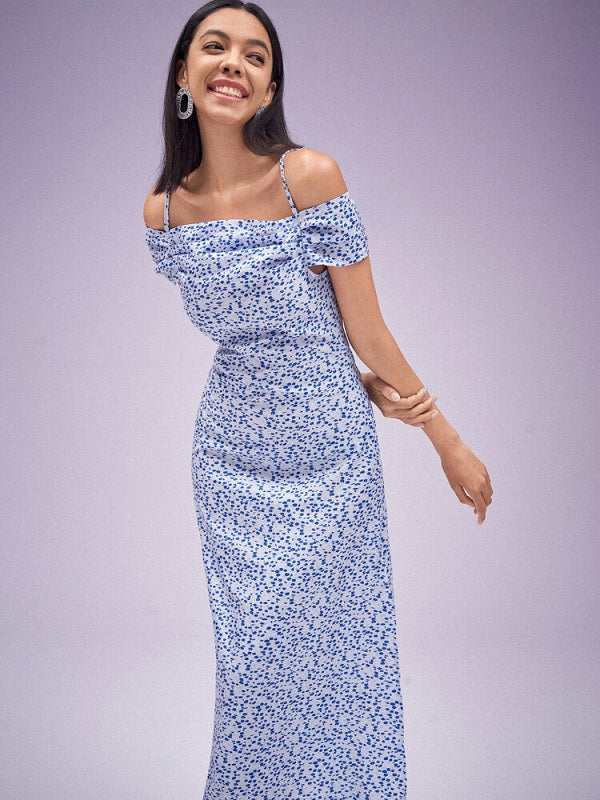 Floral Print Slit Off Shoulder Short Sleeve Dress