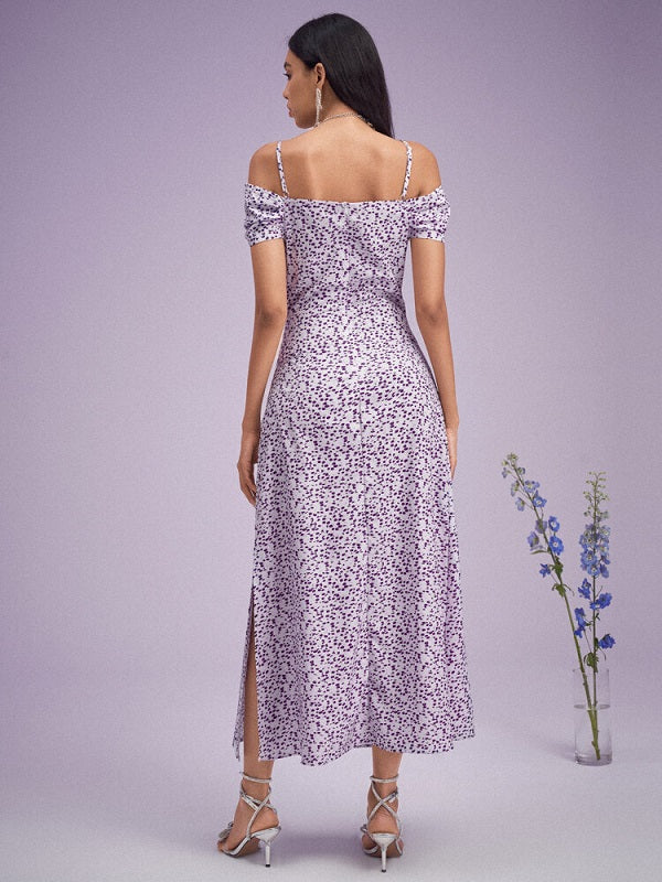 Floral Print Slit Off Shoulder Short Sleeve Dress