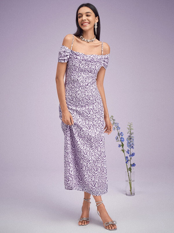 Floral Print Slit Off Shoulder Short Sleeve Dress